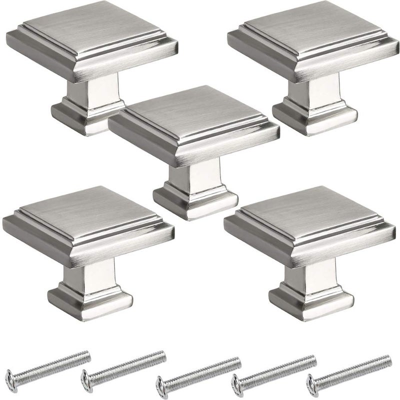 FOCCTS 5 Pack Cabinet Knobs Brushed Nickel, Kitchen Cabinet Hardware Square Knobs, Stainless Steel Cabinet Knobs for Dresser Drawers, 1-1/4 inch - Image 1